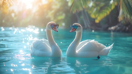 Obraz premium Two swans wearing sunglasses taking selfies on a sunny tropical beach