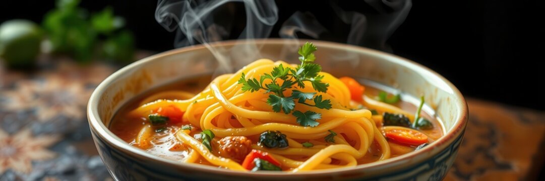 Steaming maggi noodles served in a vibrant bowl, topped with fresh vegetables and herbs, steaming, inviting, vibrant
