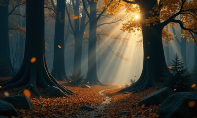 Dark enchanted forest golden autumn leaves falling misty