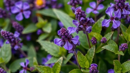 Vibrant purple flower petals and leaves creating a beautiful contrast in nature, vivid, natural