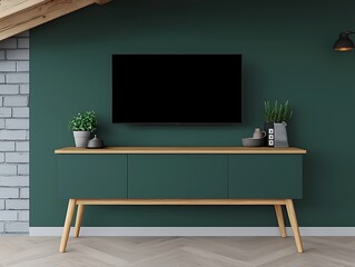 Modern Green Living Room with TV and Wooden Console