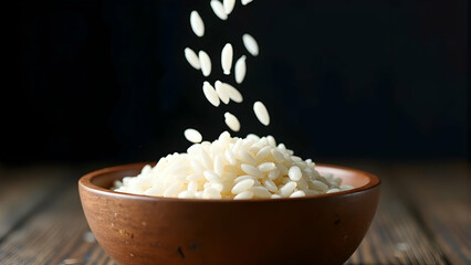 Falling Rice Grains into a Rustic Wooden Bowl. A serene, culinary moment.