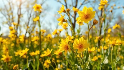 Fototapeta premium Vibrant yellow daffodil flowers blooming in a lush green field under the warm sun, vibrant, sunny, spring
