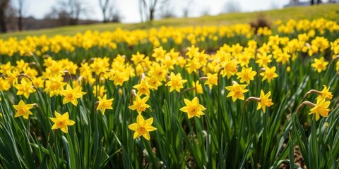 Obraz premium Vibrant yellow daffodil flowers blooming in a lush field under the clear blue sky, meadow, sunny