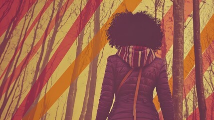 Obraz premium empowered young latinx woman in puffer jacket navigates snowy winter forest - ideal for sports-themed poster capturing independence and strength in soft morning light