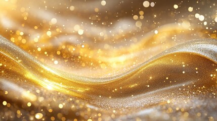 Obraz premium Luxurious golden background with a glowing wave and scattered golden particles