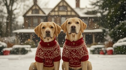 Labrador Retrievers in Holiday Sweaters Posing at Snowy Victorian Mansion