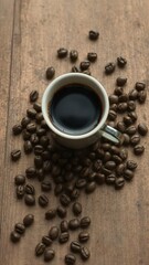 Dark espresso in small cup, coffee beans scattered on aged wooden table, dark,espresso