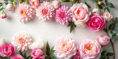 Vintage style artificial flowers wall background with pastel colored roses, peonies, and dahlias, creating a romantic and elegant atmosphere, dahlias, peonies, roses