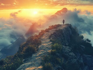 a determined runner braving a scenic sunrise trail from above, using photorealistic 3D techniques