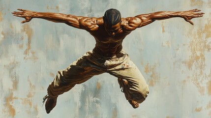 A dynamic acrobat, captured in oil painting, showcasing incredible flexibility