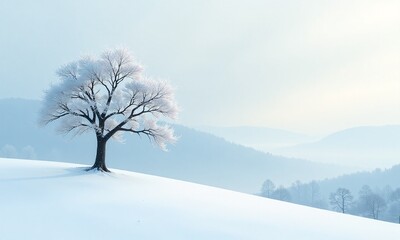 Winter landscape lone tree on snowy hill delicate