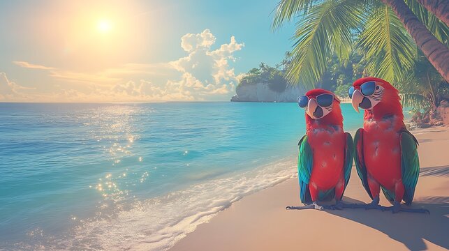 Two parrots wearing sunglasses capturing selfies on a sunny shoreline