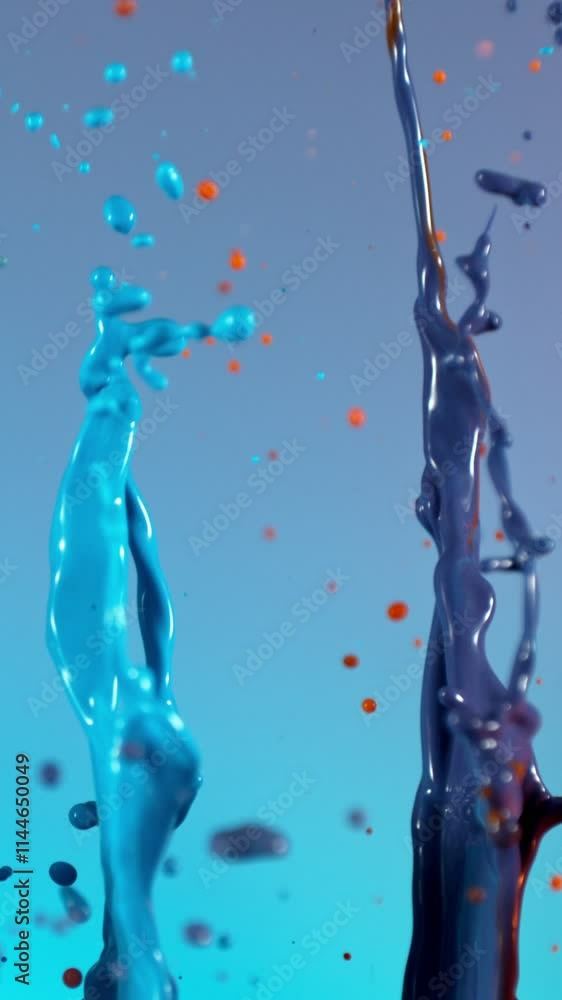 Poster super slow motion of flying colored splashes, isolated on colored background. filmed on high speed c