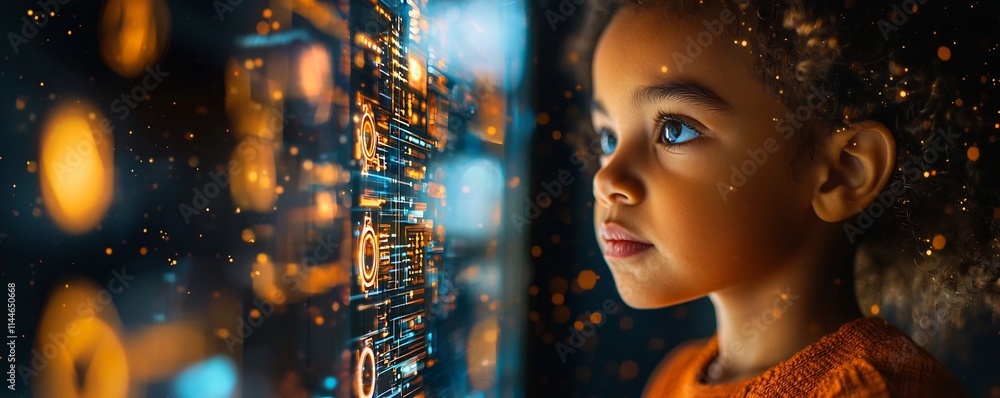 Poster young child exploring interactive tech exhibit at science museum learning through hands on experienc