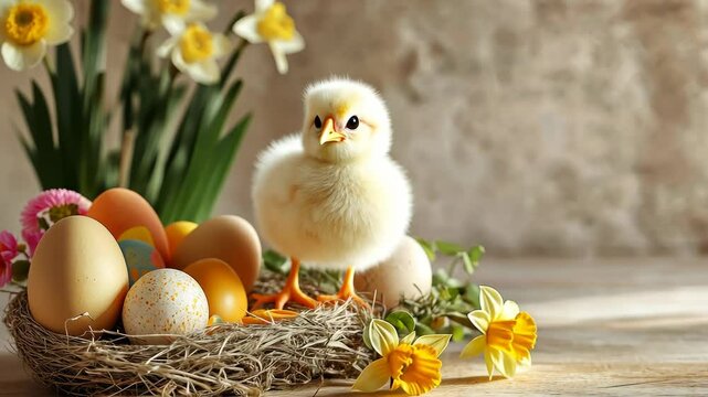A fluffy chick standing near a nest of colorful eggs and