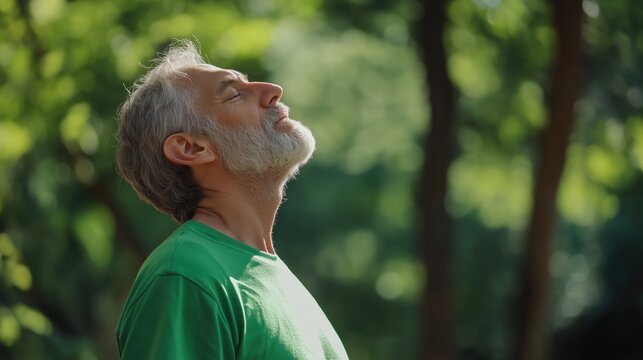 A middle-aged man in sportswear is standing outdoors, breathing deeply and looking up at the sky with his eyes closed