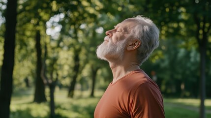 Elderly man in a green T-shirt performing deep breathing exercises outdoors, side view. The man with grey hair and a beard is standing on the park road, looking up at the sky while taking deep breaths