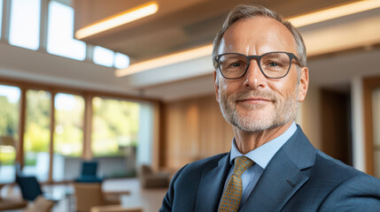 Naklejka premium Confident businessman in modern office setting, showcasing professionalism and leadership