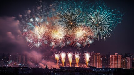 Naklejka premium Celebratory fireworks display over city skyline nighttime urban environment colorful event atmosphere