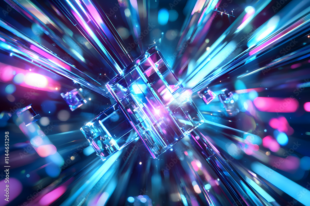 Poster dynamic light reflections abstract space digital artwork vibrant colors close-up view visual experie