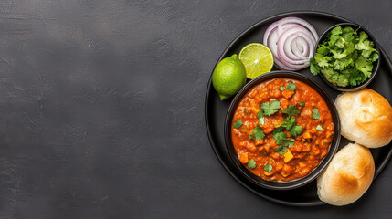 Classic plate of pav bhaji with buttery bread, garnished with onions, lime, and cilantro, perfect for flavorful meal