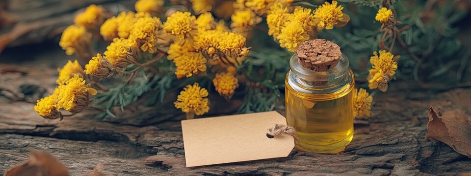 Flower and herbal extract in a bottle. Selective focus.
