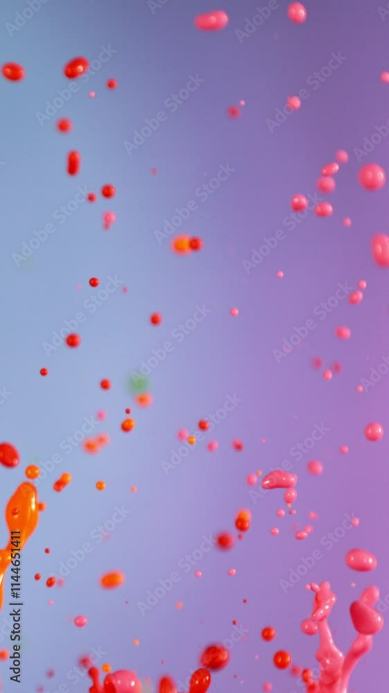 Poster Super Slow Motion of Flying Colored Splashes, Isolated on Colored Background. Filmed on High Speed Cinema Camera, 1000fps. Camera in Motion. Vertical Aspect Ratio.