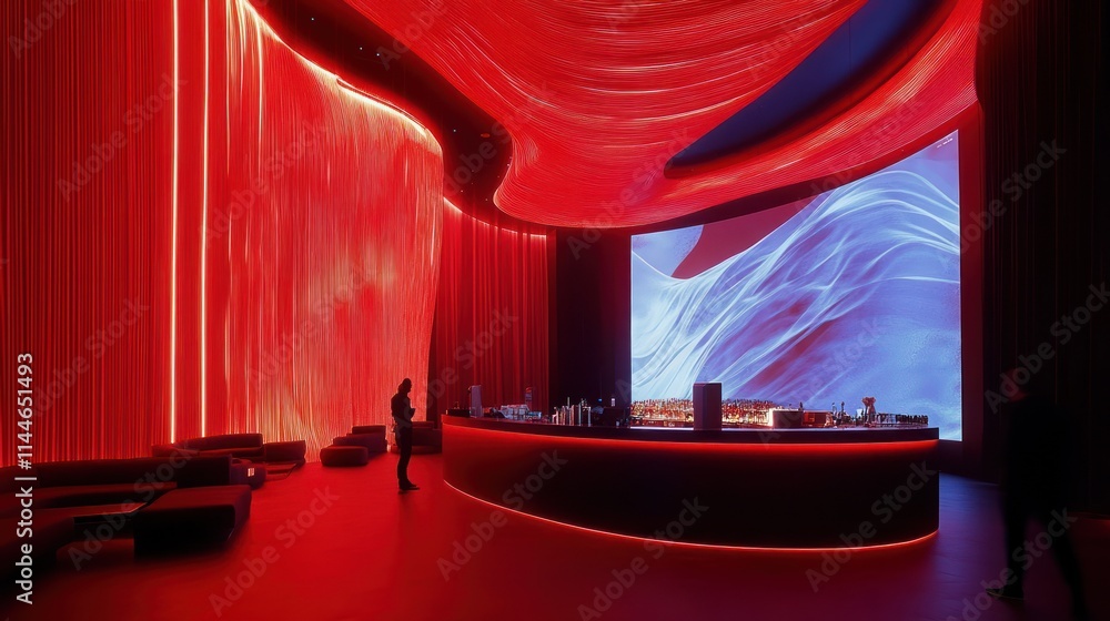 Poster red illuminated bar with curved walls and screen.