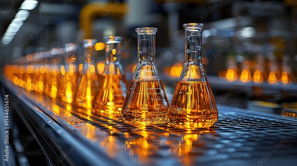 Poster laboratory setting with glass flasks containing orange liquid.