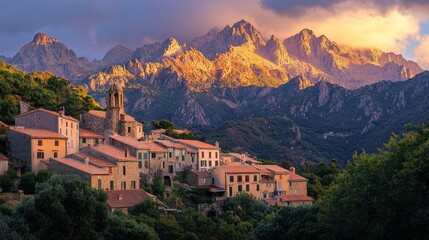 Fototapeta premium Mountain Village at Golden Hour