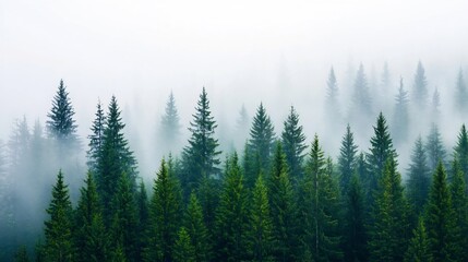 Mysterious misty evergreen forest with blurred green trees in serene natural landscape