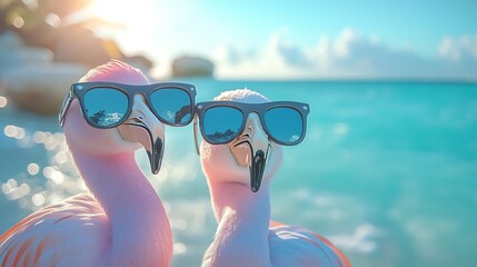 Two flamingos wearing sunglasses capturing selfies with the ocean in the background