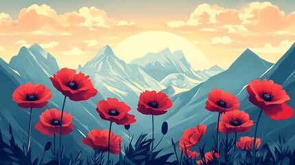 Fototapeta premium Vibrant poppies bloom brightly against mountain range digital painting landscape style. AI Generated