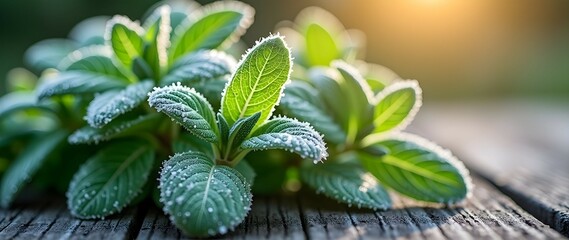 Frosted green leaves bask in morning sunlight, a tranquil scene of nature's beauty.