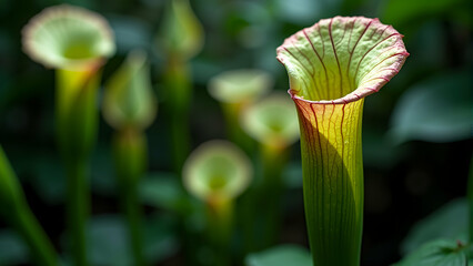 Enchanting arum lily, pale green and pink hues, bathed in soft sunlight, creating a serene atmosphere. 