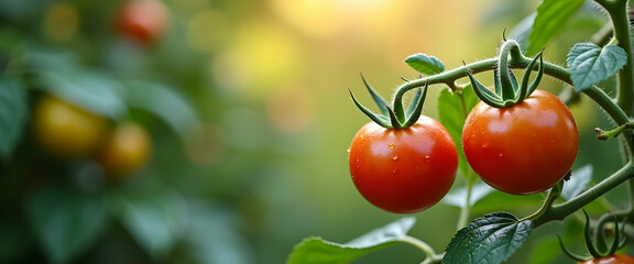 Two ripe red tomatoes glistening with morning dew, nestled amongst vibrant green leaves. A summer harvest.