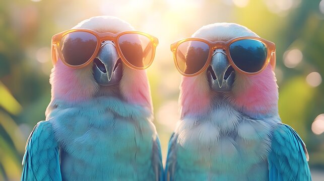 Two parrots wearing sunglasses taking selfies on a sunny tropical beach