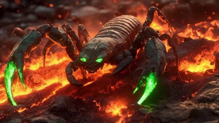 A scorpion with glowing green claws crawls over burning rocks. Ideal for fantasy or sci-fi projects.. AI Generation