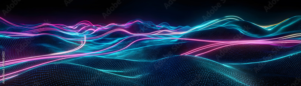 Poster dynamic digital waves virtual space abstract art futuristic environment aerial view technology conce