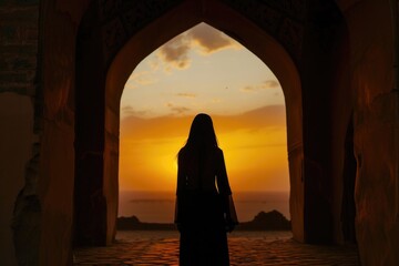 Persian woman in traditional dress against Iranian architecture at sunset.