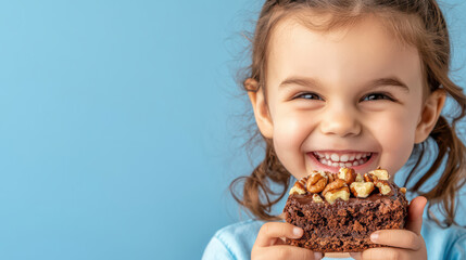 Naklejka premium Joyful girl smiles while holding chocolate brownie topped with nuts. Her happiness radiates against blue background
