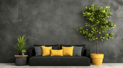 Stylish Industrial Living Room Interior Design with Black Sofa  Yellow Accents   Plants