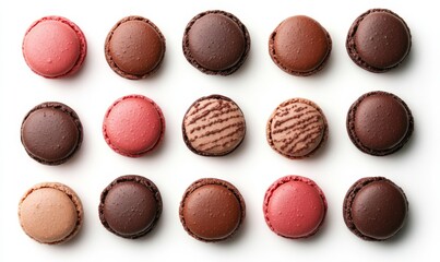 Fototapeta premium a whole view of multiple Macarons on white background, view from above, editorial photography