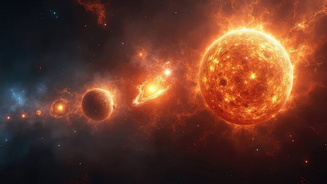 A captivating display of the solar system shows a series of glowing suns and planets lined up in space, illuminated by bright stars. Cosmic dust and swirling galaxies enhance the space scenery.