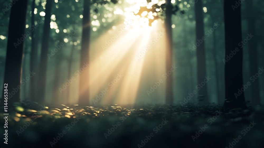 Poster sunlit forest floor with ethereal light rays through trees