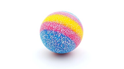 A vibrant rubber ball often seen in playgrounds placed on a clean white background, ideal for children's themes 