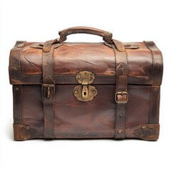 A rustic leather chest with worn edges and brass buckles on a white background 