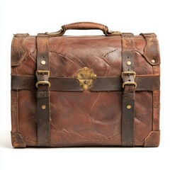 A rustic leather chest with worn edges and brass buckles on a white background 