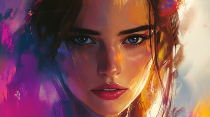 Close-up portrait of a woman with blue eyes and red lips, painted in vibrant colors.